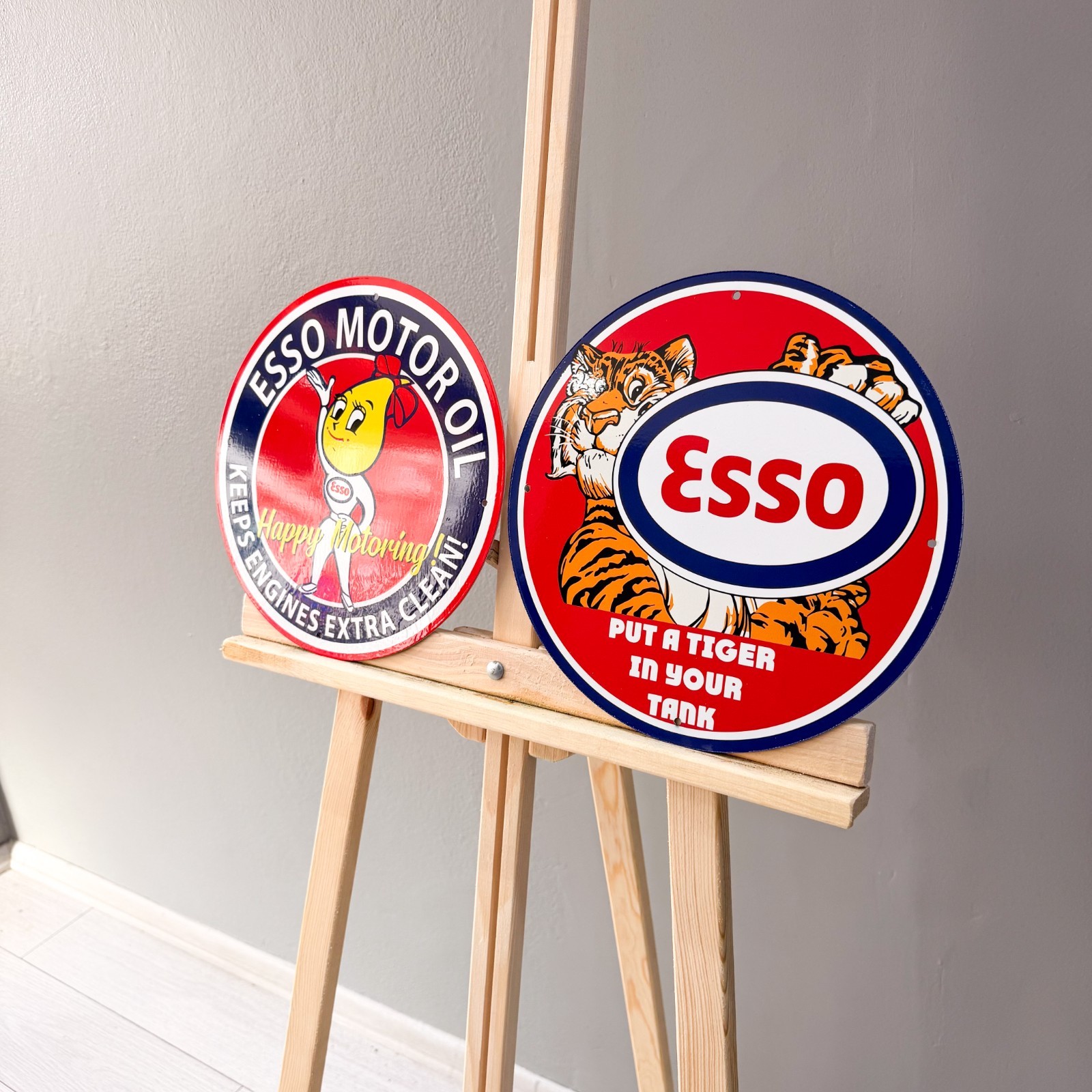 Esso Vintage Metal Sign Set of 2 Happy Motoring Female & Tiger – 30 cm / 11.8”