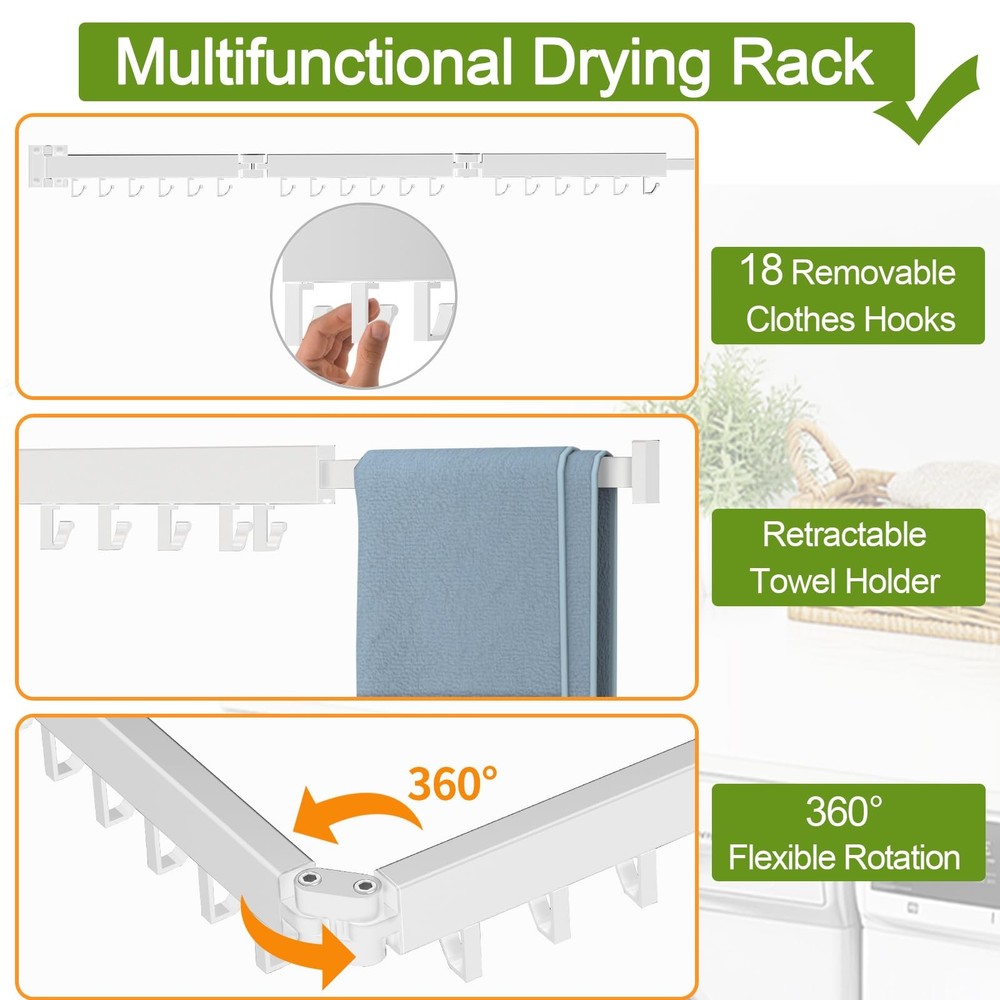 Kelisiting Retractable Clothes Drying Rack,3 Fold White Laundry Drying