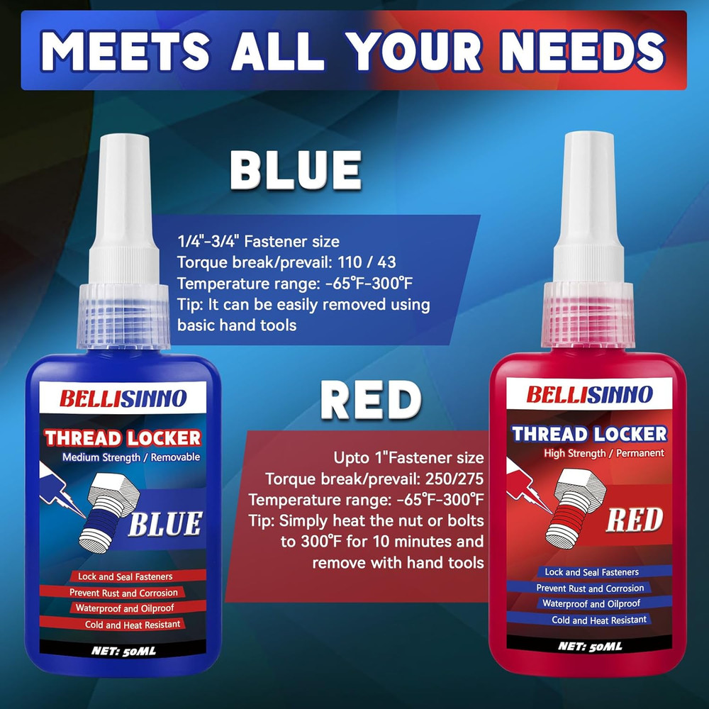 Thread Locker Blue and Red, Medium and Strong Strength Thread Lock, Threadlocker