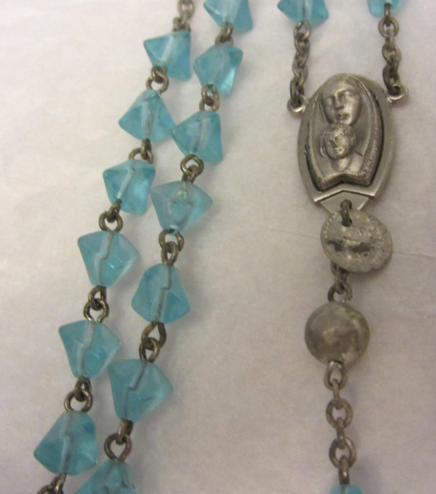 2 Vtg Rosary Crystal Blue & Clear Bead Silvertone Metal Cross