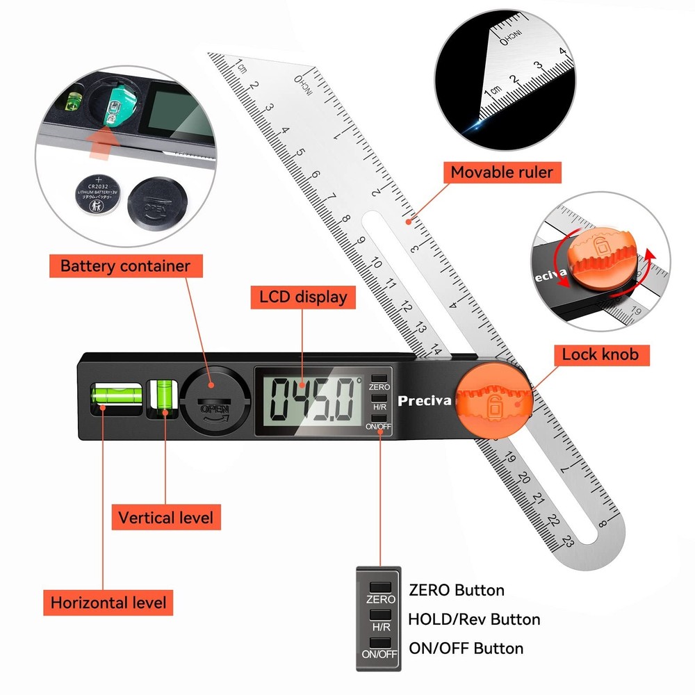 Tbevel Gauge & Protractor With Horizontal And Vertical Bubble0338 Digital Angle