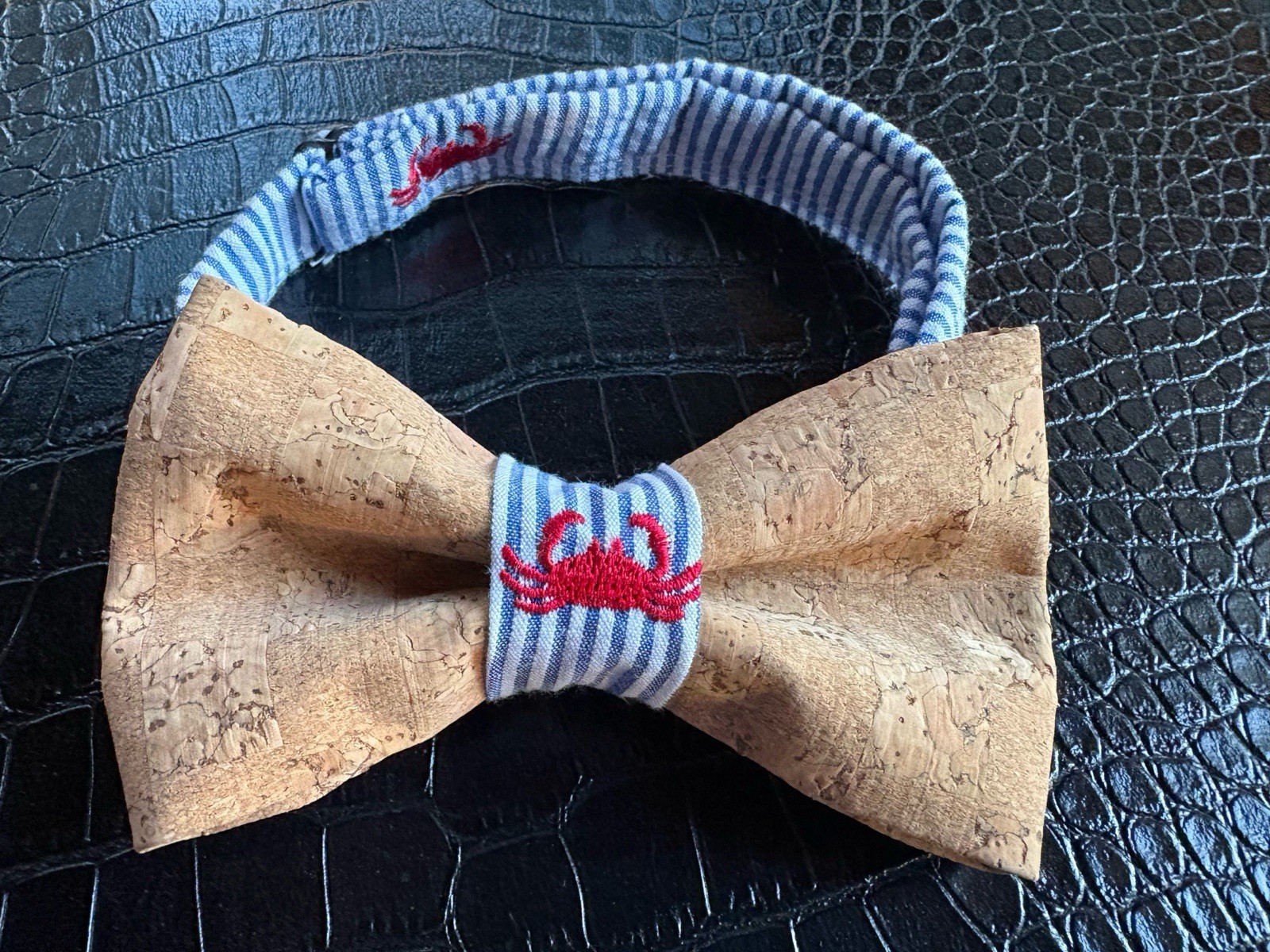 Genuine Cork Bow Tie Boys Embroidered Crab Nautical Seashore Blue White Stripe
