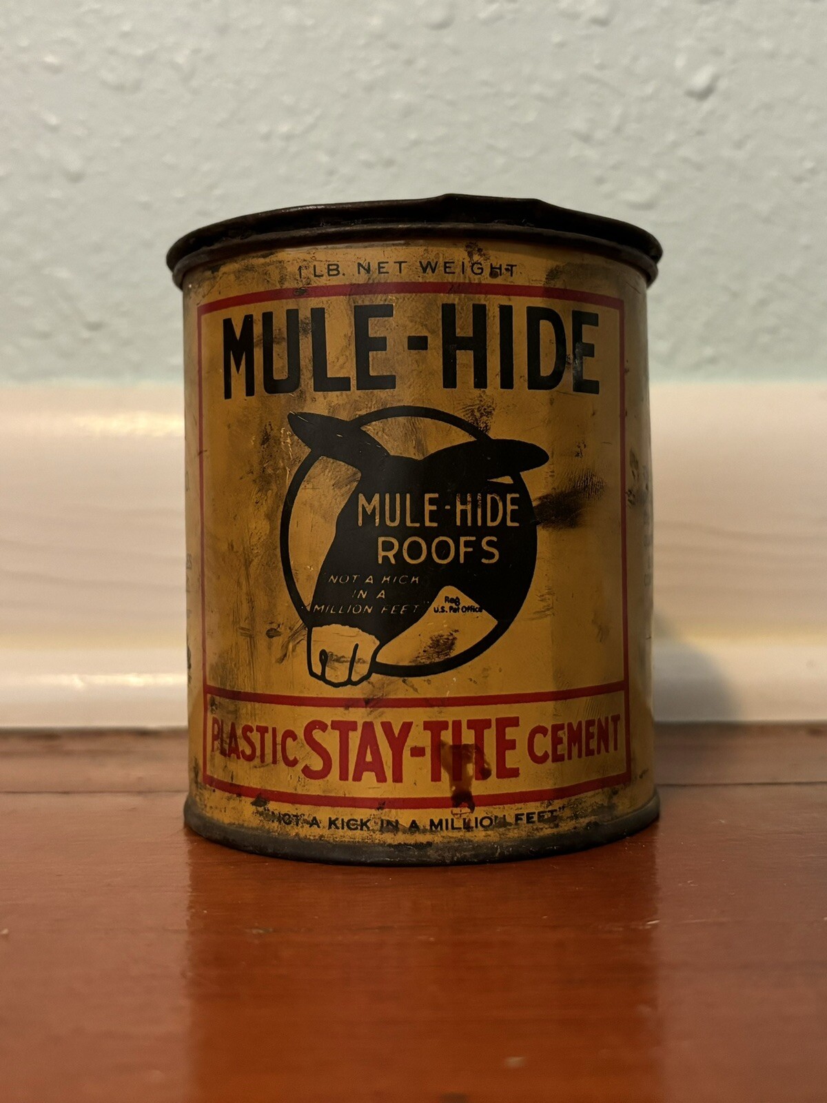 Vintage Mule-Hide Roofs plastic stay-tite cement 1 lb can, The Lehon Co, Chicago
