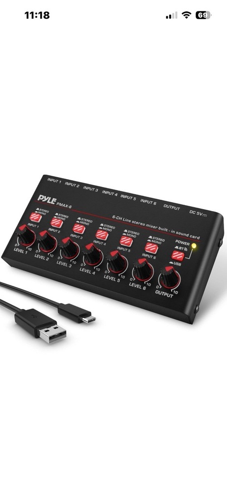 Pyle 6-Channel Wireless BT Line Mixer w/ USB Audio Interface & Flexible Control