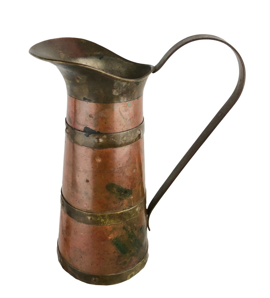 Vintage Copper & Brass Banded Pitcher 8.5"