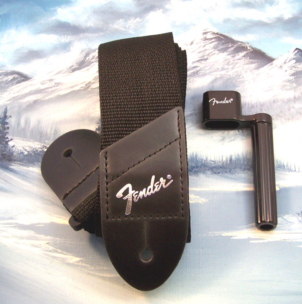 GENUINE FENDER ~ SILVER LOGO GUITAR STRAP + STRING WINDER