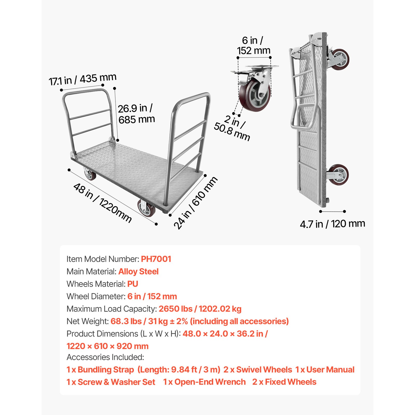 Uimoso Heavy Duty Foldable Platform Cart, 2650 lbs Capacity with Wheels