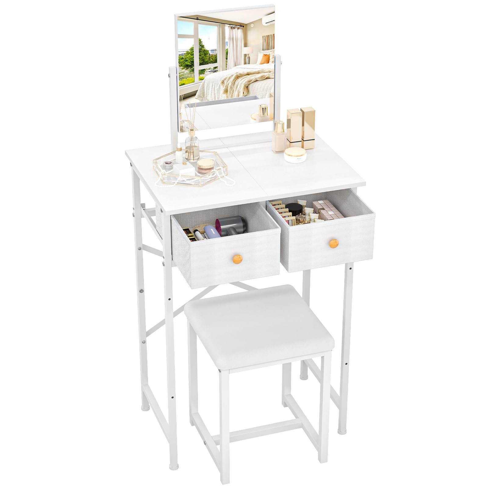 Small Makeup Vanity Desk with Mirror & Chair, Table Set W/ Fabric Storage Drawer