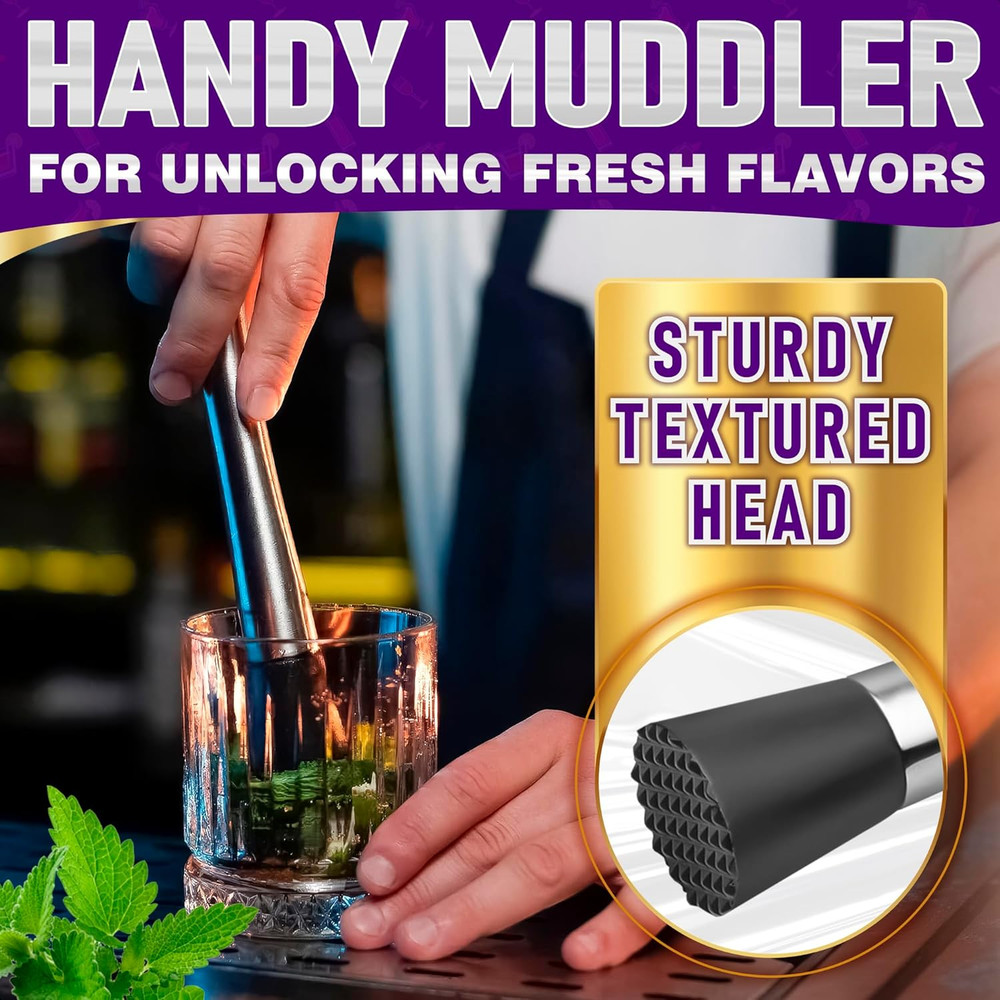 3 Pcs Muddler Set - Bar Muddler, Cocktail Spoon & Jigger for Mixing Drinks