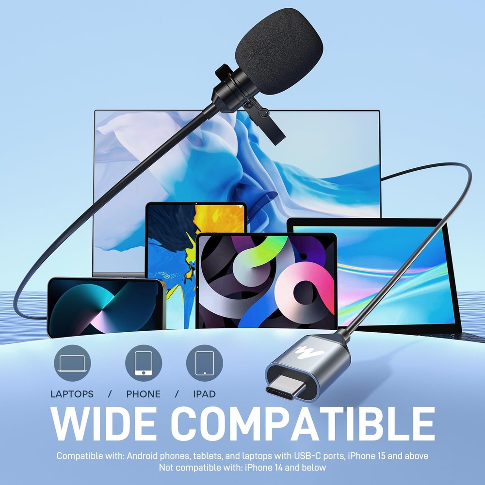 USB C Lavalier Microphone for iPhone 15, iPad, Android, Omnidirectional Conde...