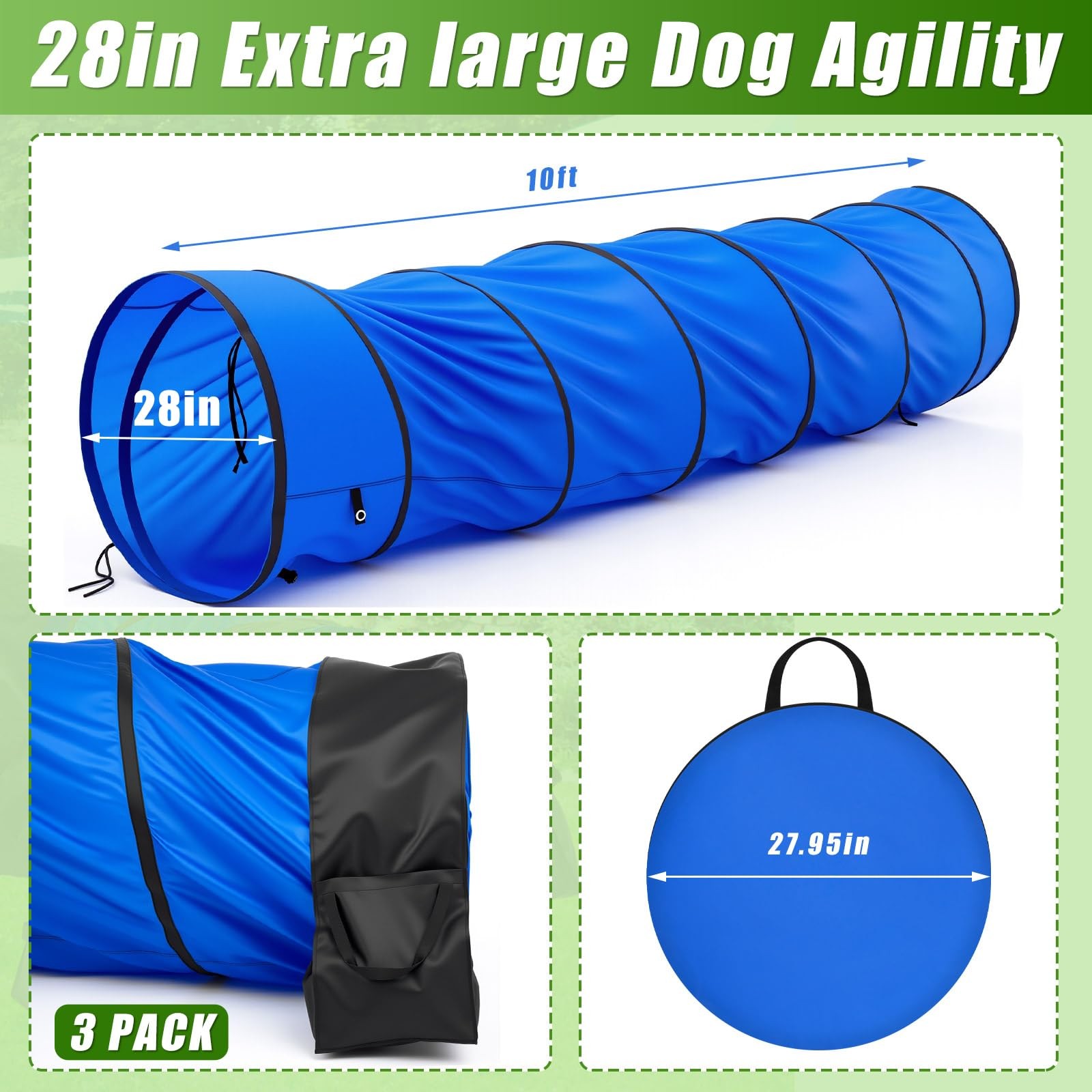 28 in 10 Foot Blue Extra Large Dog Agility Tunnel with Sandbags Dogs Agility ...