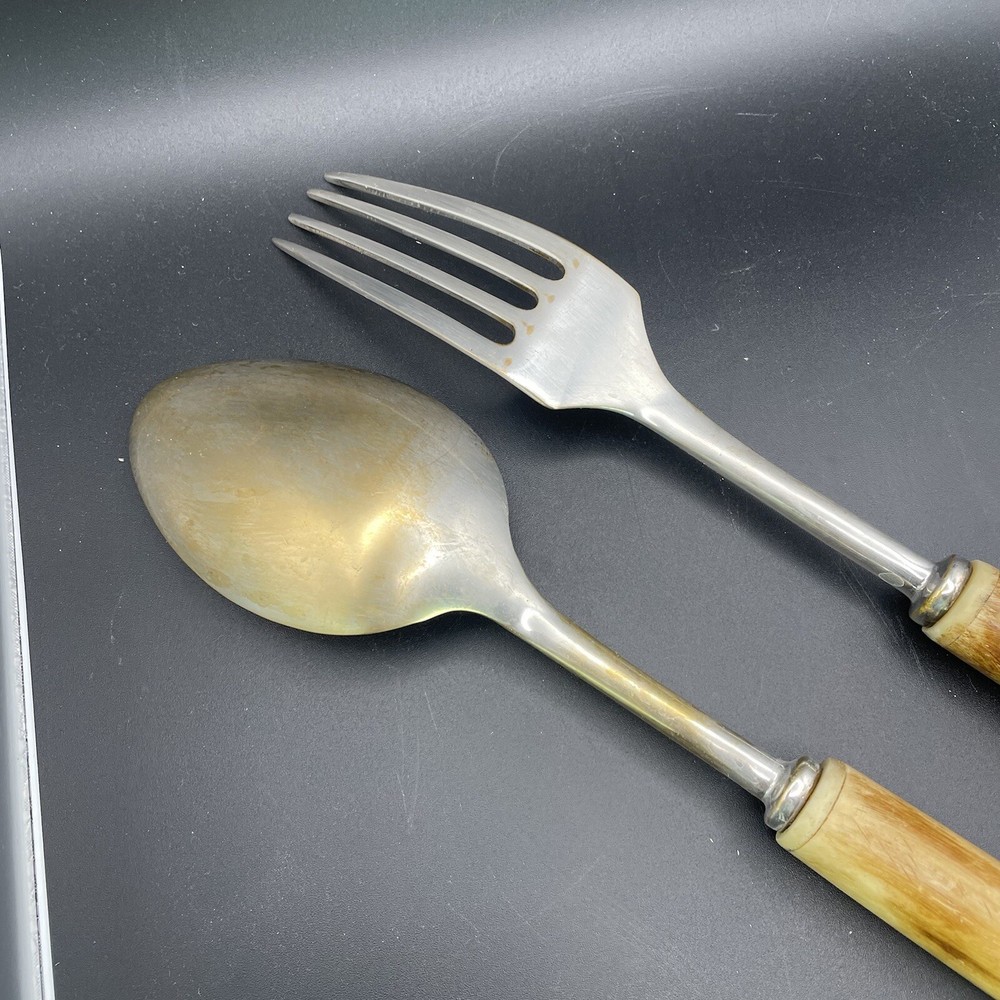faux bone Wood handle serving fork spoon Plastic? Bakelite? Celluloid?