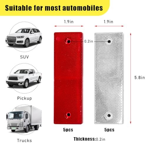 10 PCS Rectangular Safety Reflectors, Plastic Self Adhesive Safety Red+White