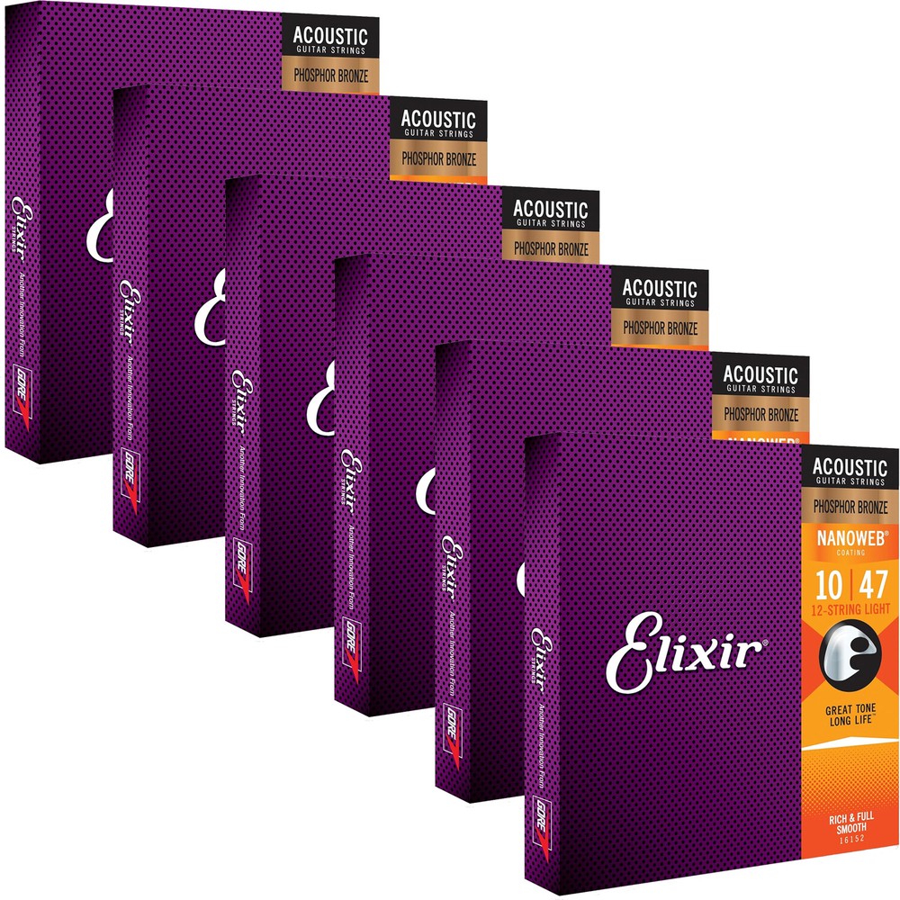 6 Sets Elixir 16152 12-String NANOWEB Phosphor Acoustic Guitar Strings 10-47