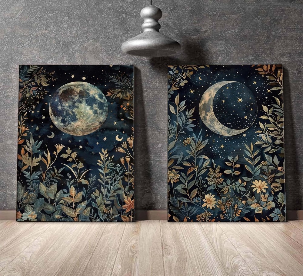 2 Pcs Vintage Celestial Canvas Wall Art Sun and Moon Celestial Botanical Ecli...