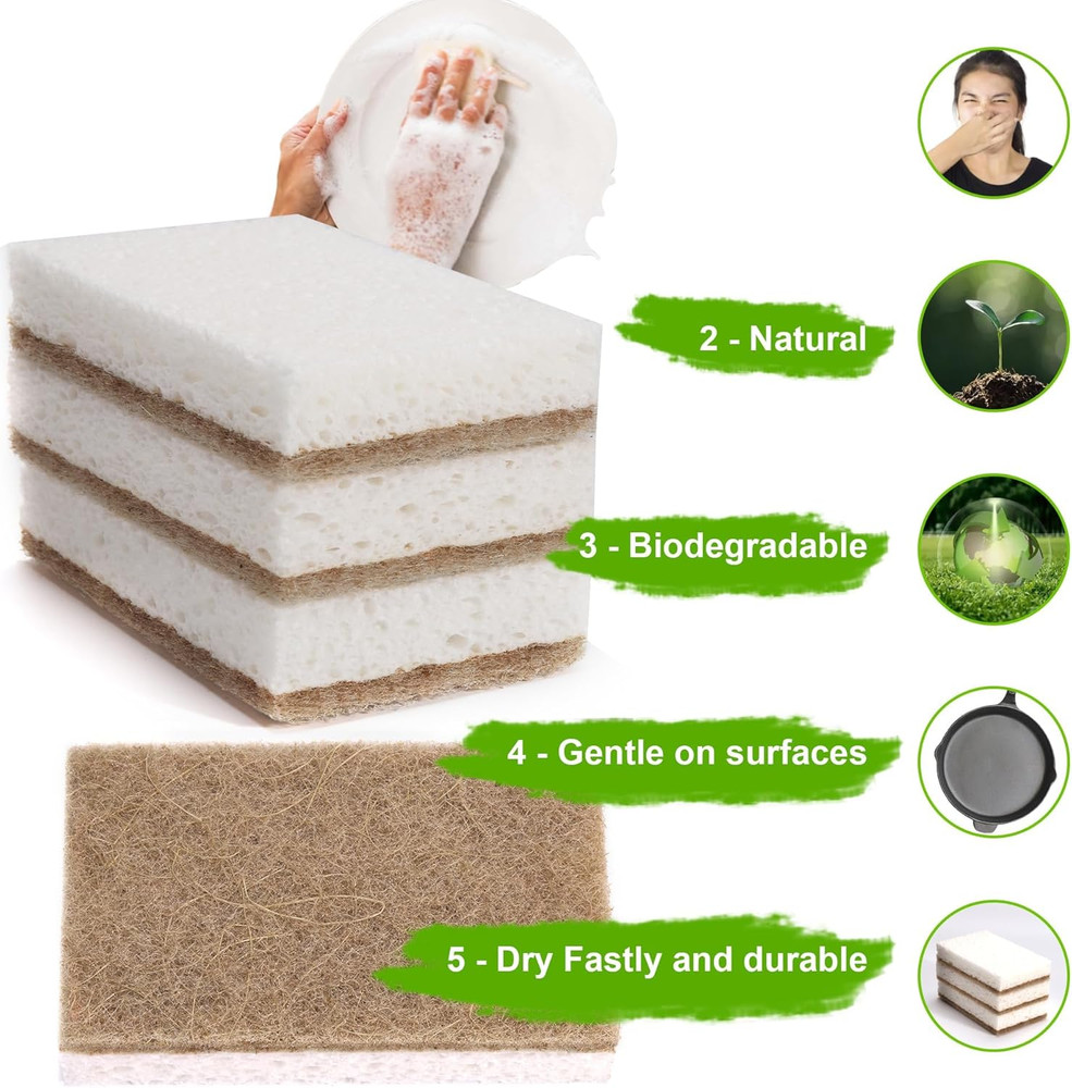 Natural Sponges for Dishes 12 Pack - Keep Soap Biodegradable Kitchen Sponge Comp