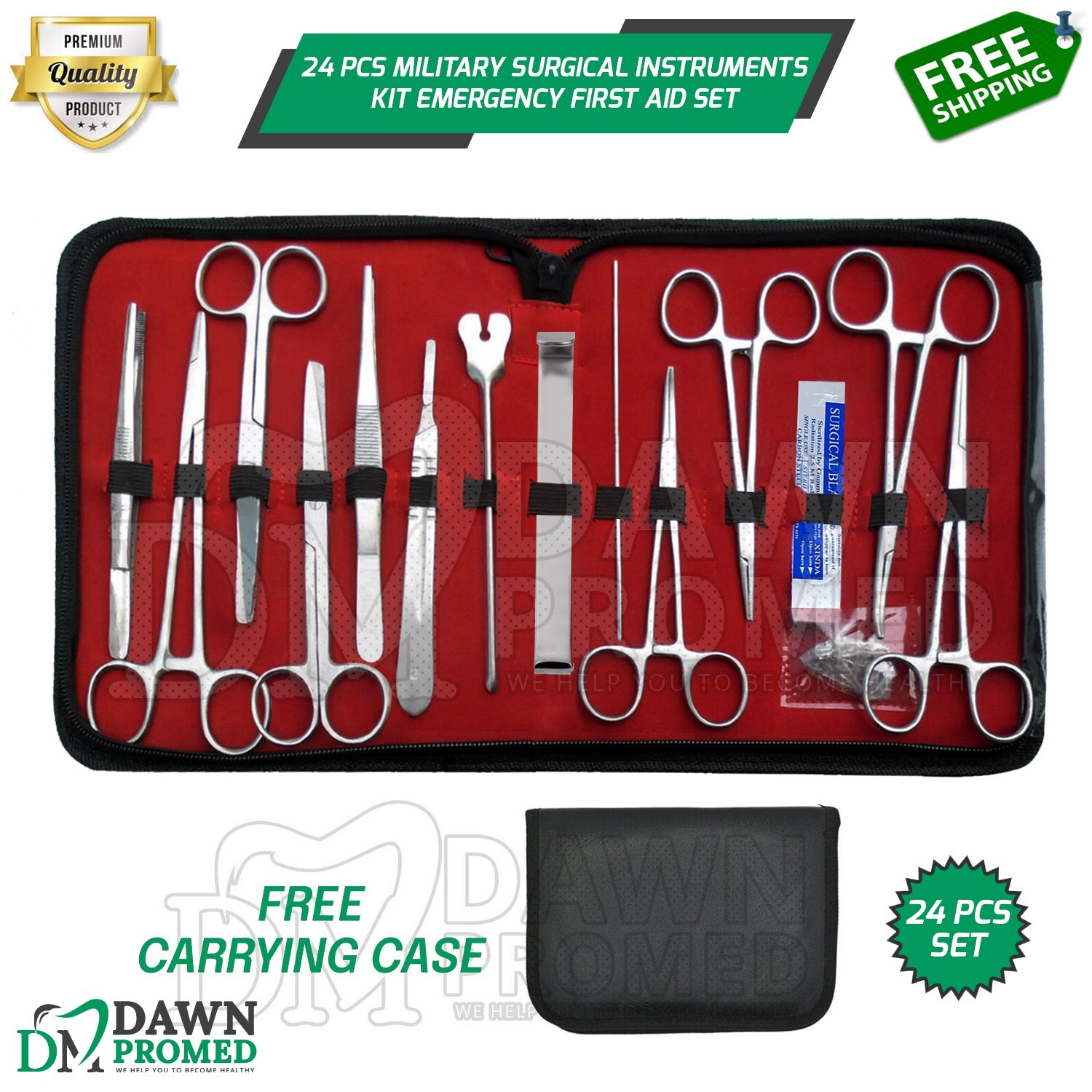 24 Pcs Military Surgical Instruments Kit Emergency First Aid Set With FREE Case