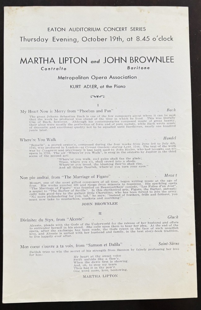 Martha Lipton 1940’s Metro Opera Signed Program Eaton Auditorium Original