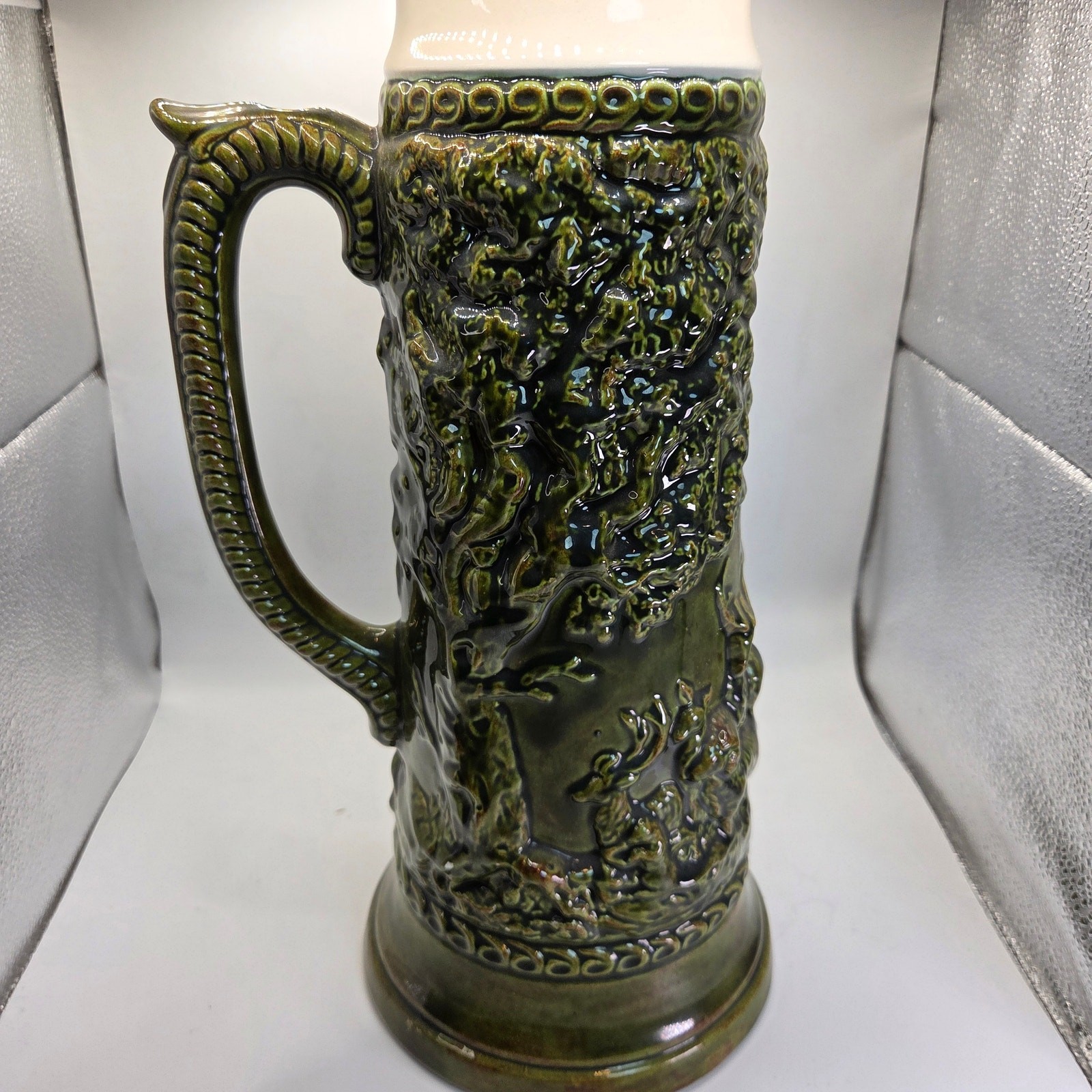 Large 17″ German Style Beer Stein Signed Sam Ceramic Relief with Lid