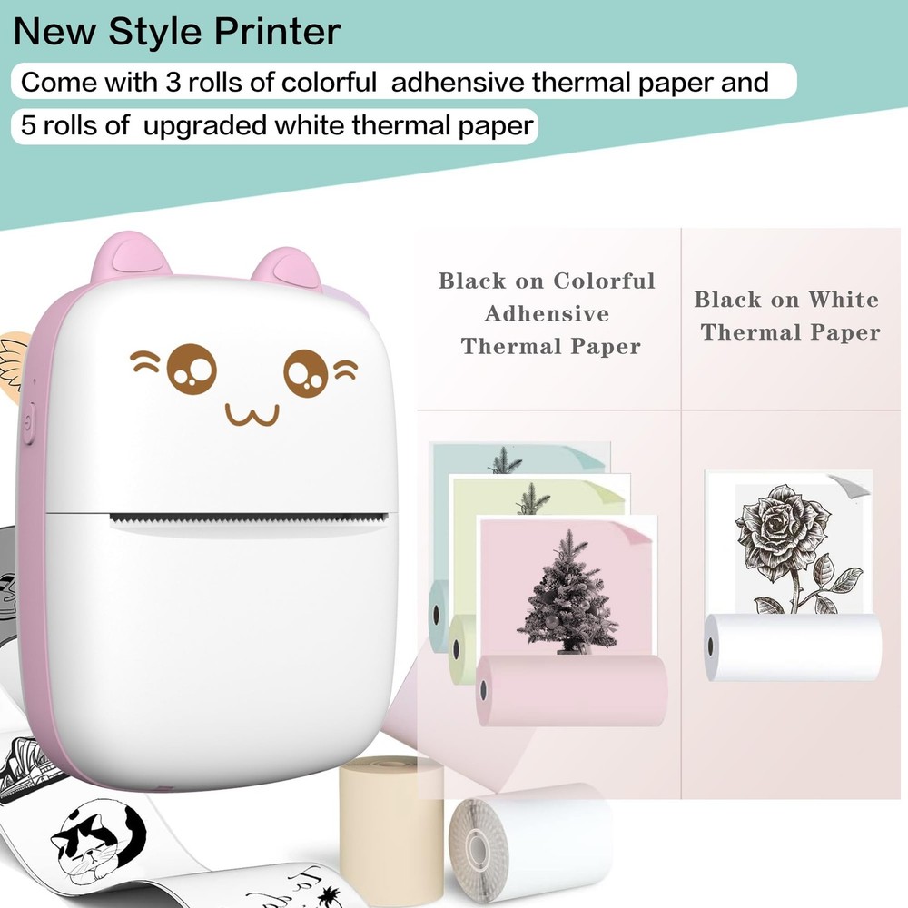 Mini Printer Portable, Inkless Sticker printer with 8 Rolls Paper, Bluetooth ...