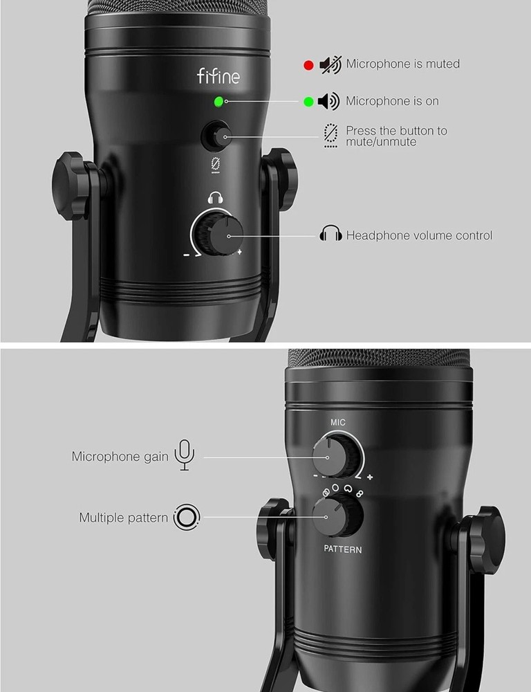 FIFINE USB Studio Recording Microphone Computer Podcast Mic for PC, PS4
