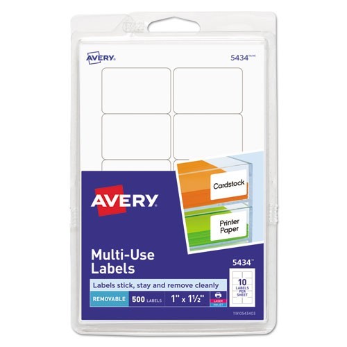 Avery Removable Multi-Use Labels, 1x1.5, White, 10/Sheet, 50 Sheets/Pack, (5434)