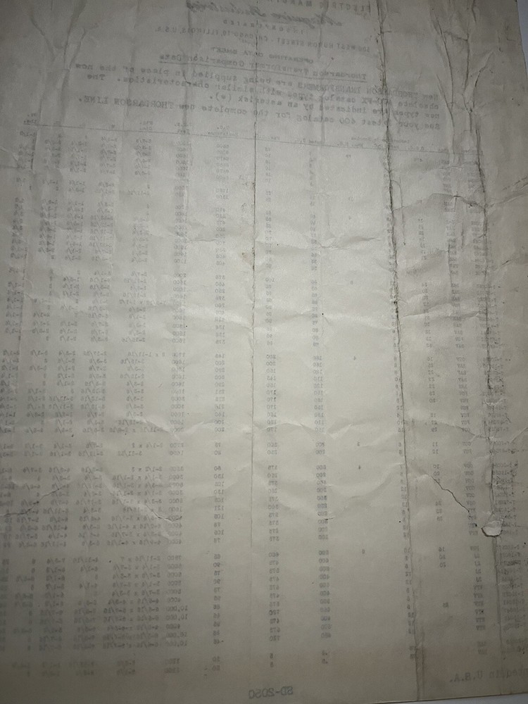 TRANSFORMERS BY THORDARSON COMPLETE CAT. NO 400-FX 1942 & COMPARISON DATA JB61