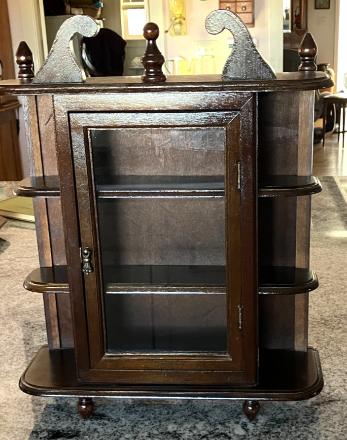 Vtg Display Curio Case Wall Mount/Free Stand Glass Door MCM 1960-70 Dark Walnut