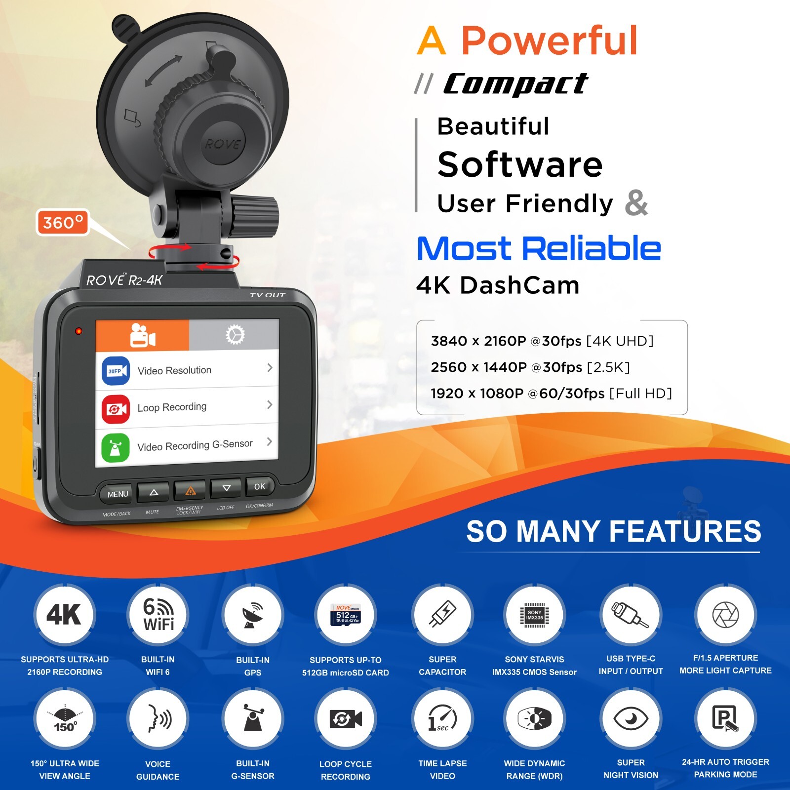 Rove R2-4K Car Dash Cam - 4K Ultra HD 2160P - Built-In WiFi & GPS (Refurbished)