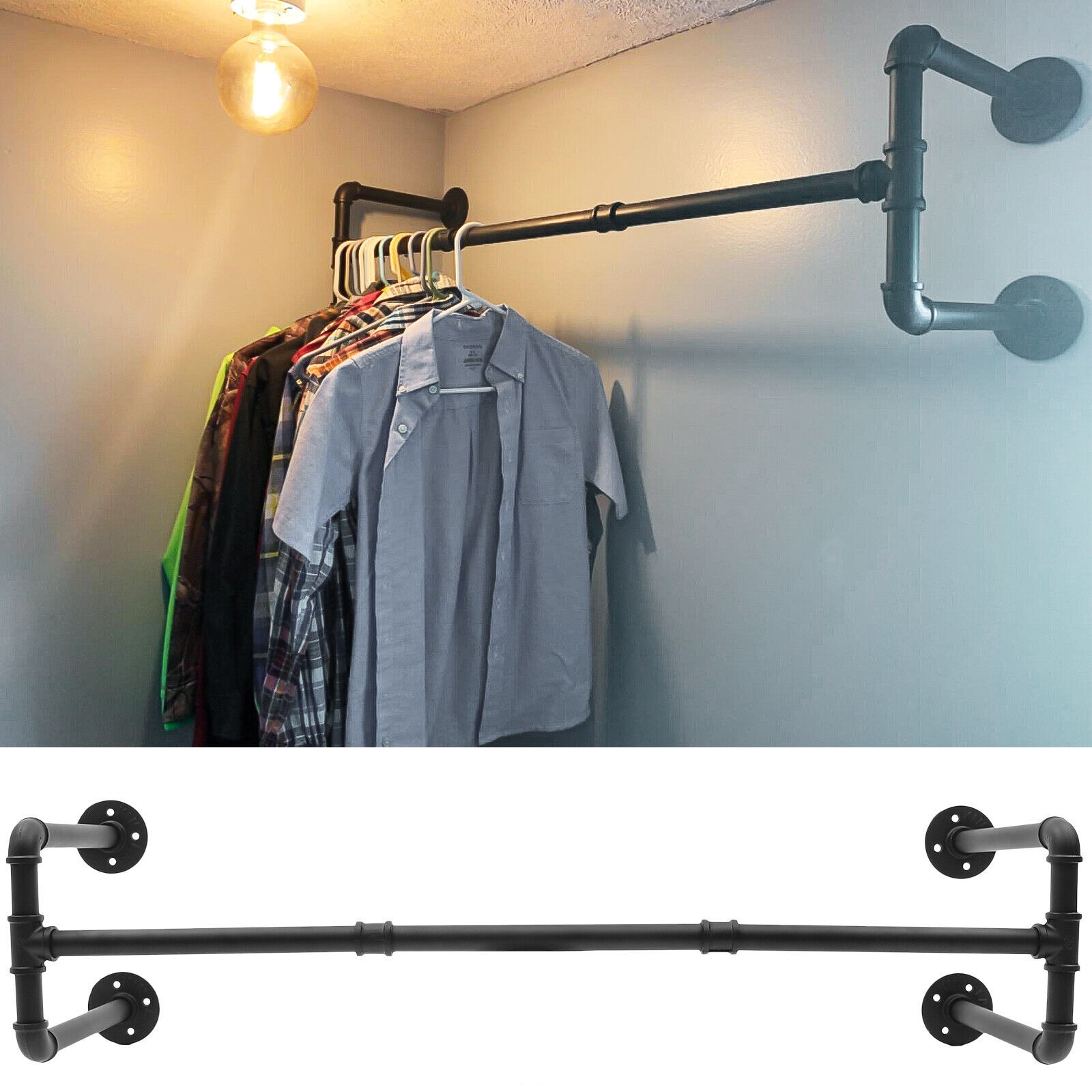 Heavy Duty Pipe Clothes Rack Garment Shelf Wall Mounted Ceiling Hanging Bar Rods