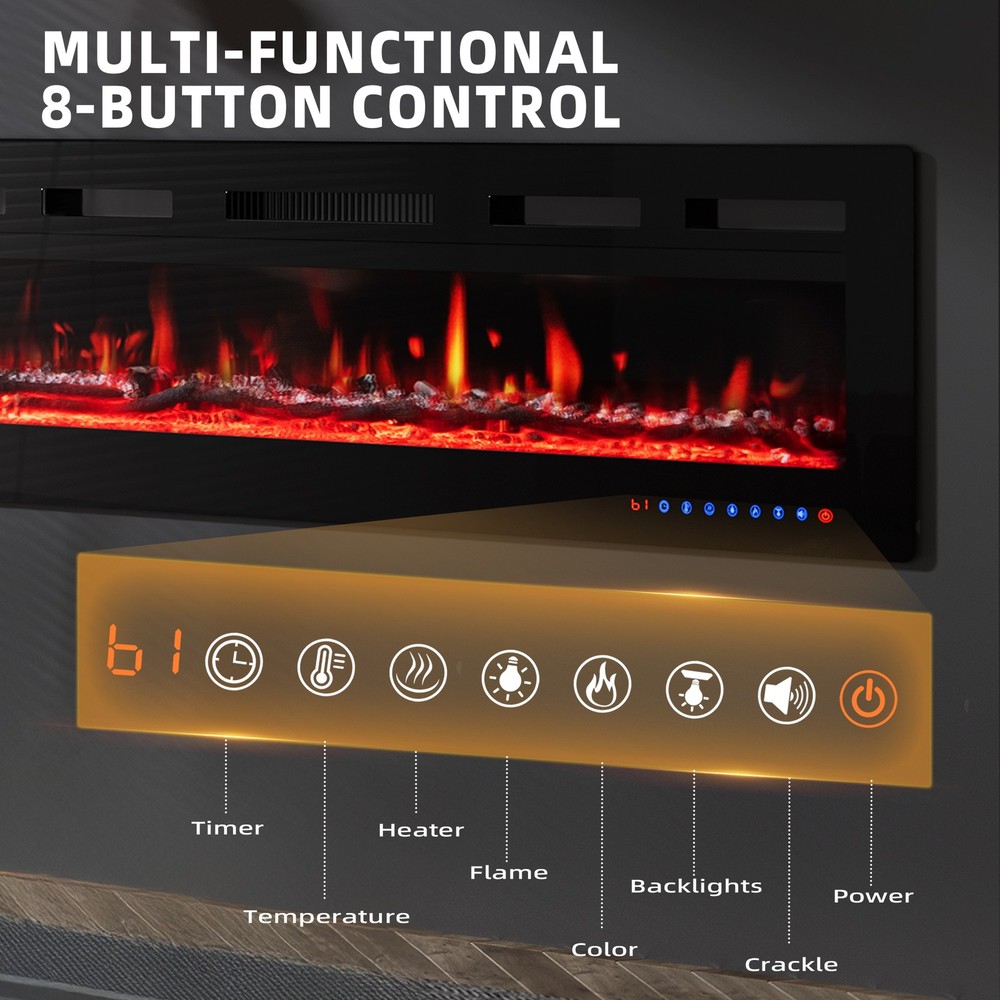 50'' Electric Fireplace Wall Mounted Heater with Remote/Adjustable Flame/Timer