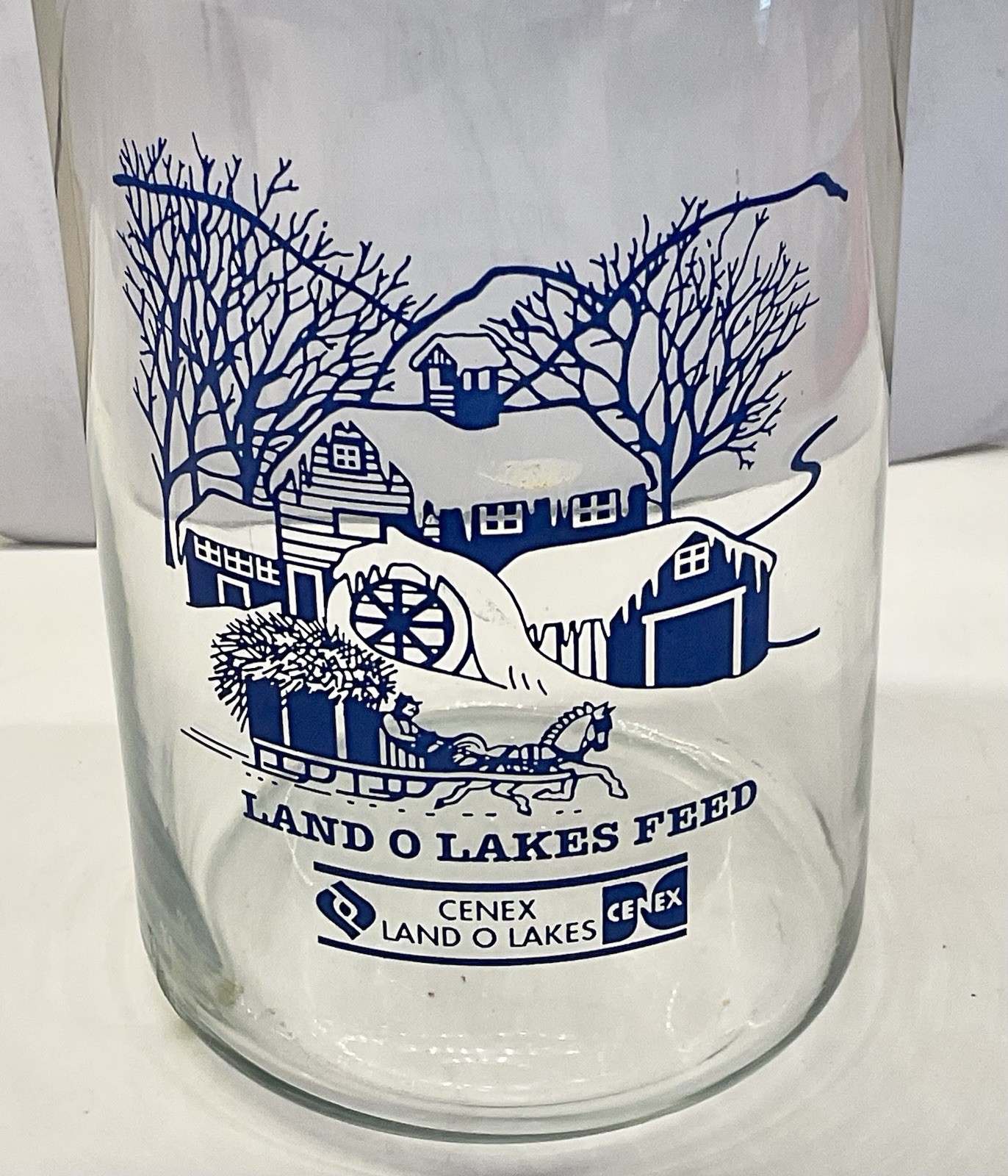 LAND O LAKES FEED / CENEX, 8" TALL GLASS CANISTER/BLUE WINTER SCENE