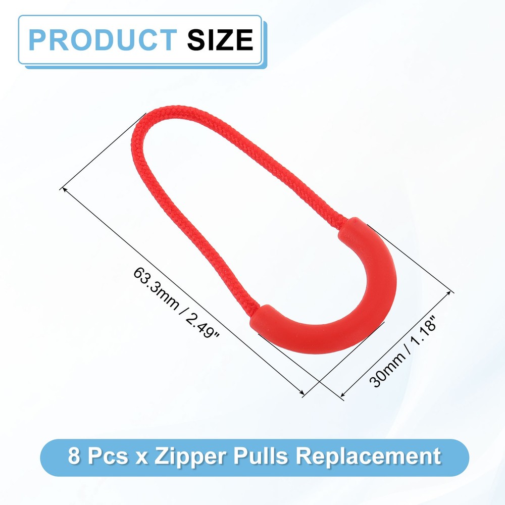 8Pcs U-Shape Zipper Pull Replacement Cord Extender, 63.5mm Red