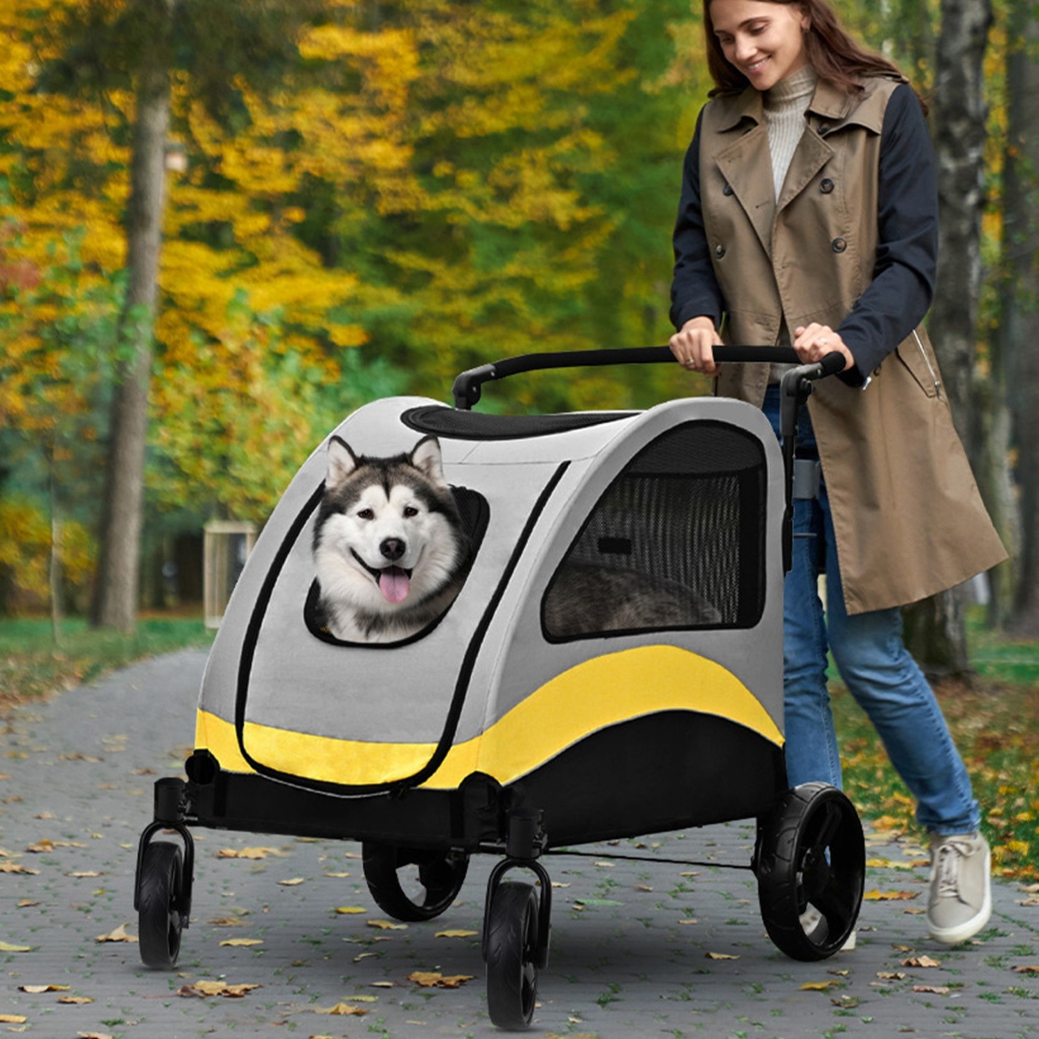 Foldable Large Pet Jogger Wagon Stroller with 4 Heavy Wheels Adjustable Handle