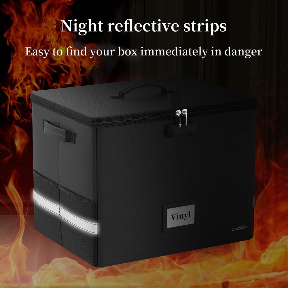 DocSafe Fireproof Vinyl Record Storage Box with Lock,Large Record Organizer S...