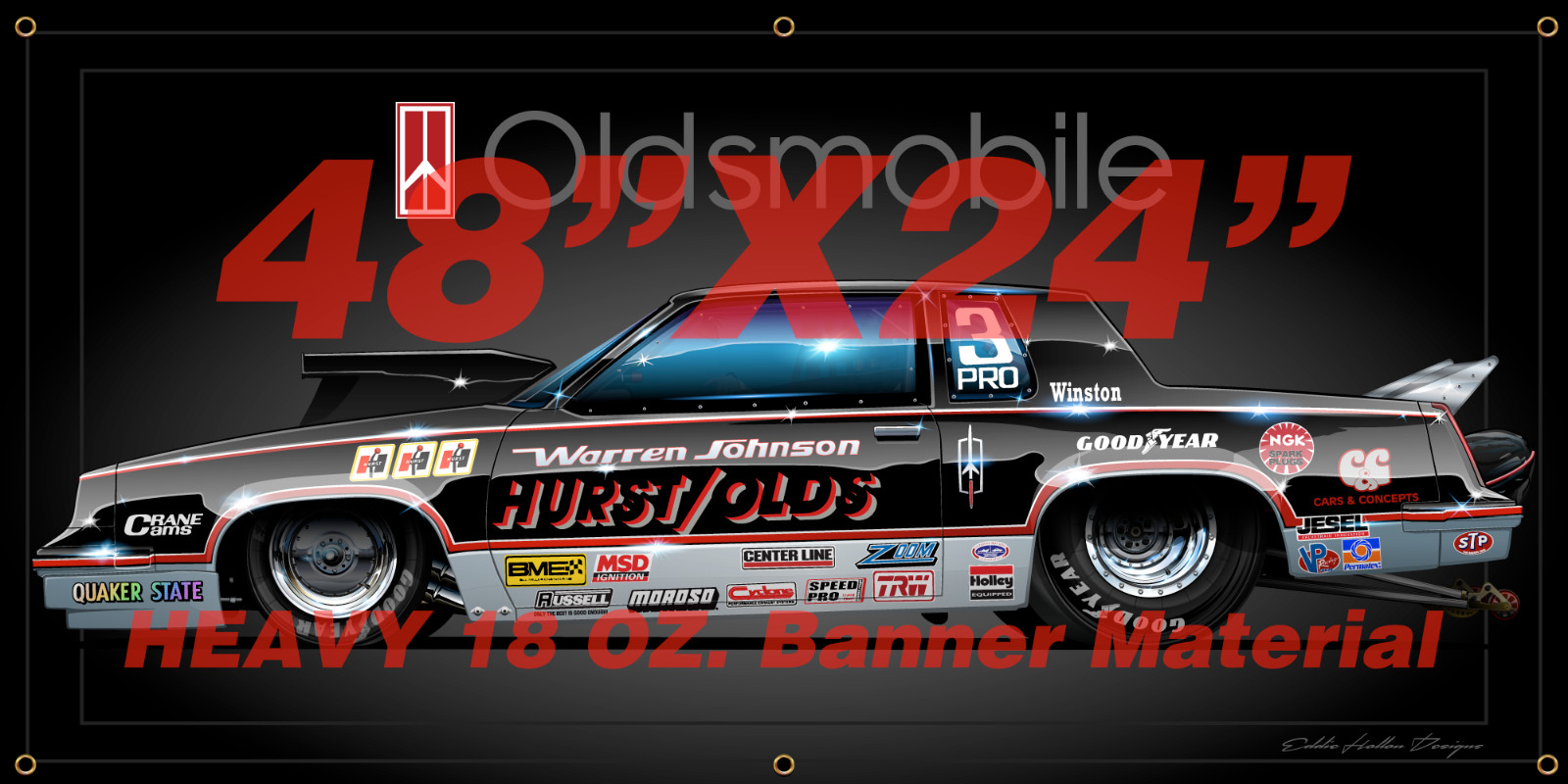 Warren Johnson 83 Hurst Olds Shop Banner 48"X24" 18oz w grommets (012)