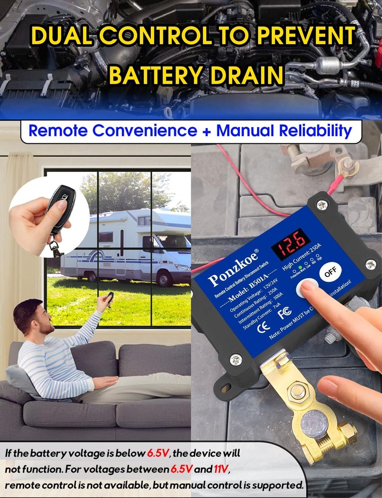 250A Smart Remote Battery Disconnect Switch 12V 24V - Quick Kill Switch for Car,
