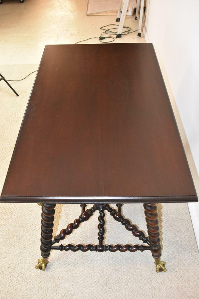 Antique Solid Mahogany Library Table Rope Turned Legs Lion Head Details