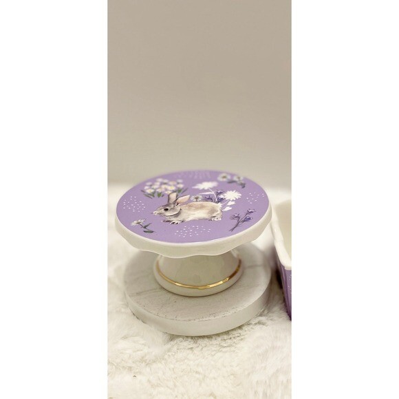 Beautiful 2 piece Easter Set Mini Cupcake Stand Riser Loaf Dish Purple Easter