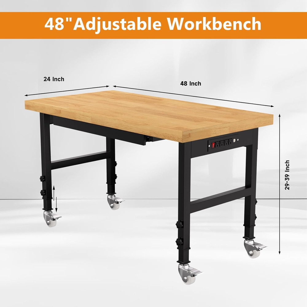 48" Heavy-Duty Solid Wood Work Bench with Drawers, Adjustable Height Workbench w