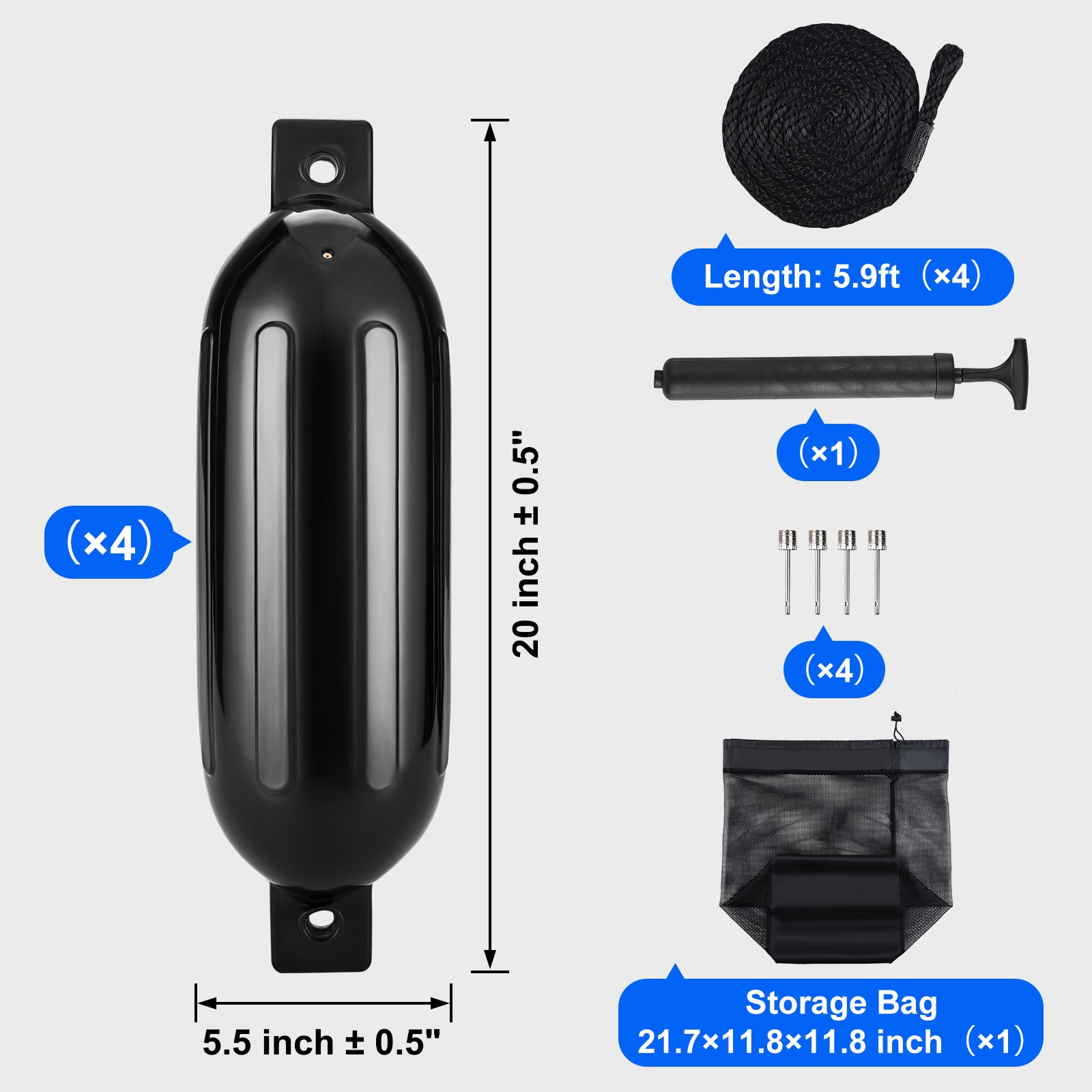 4Pcs Boat Fenders Inflatable Ribbed Boat Bumpers for Docking 5.5" x 20" Black