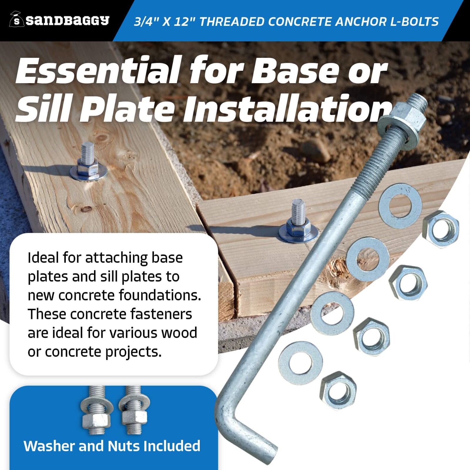 Sandbaggy 3/4" x 12" Threaded Concrete Anchor L-Bolts - Hot Dipped Galvanized