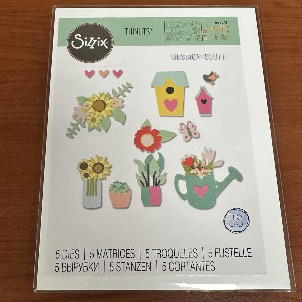 Sizzix Thinlits 5 Dies Jessica Scott 665341 Birdhouse Watering Can Flowers Set