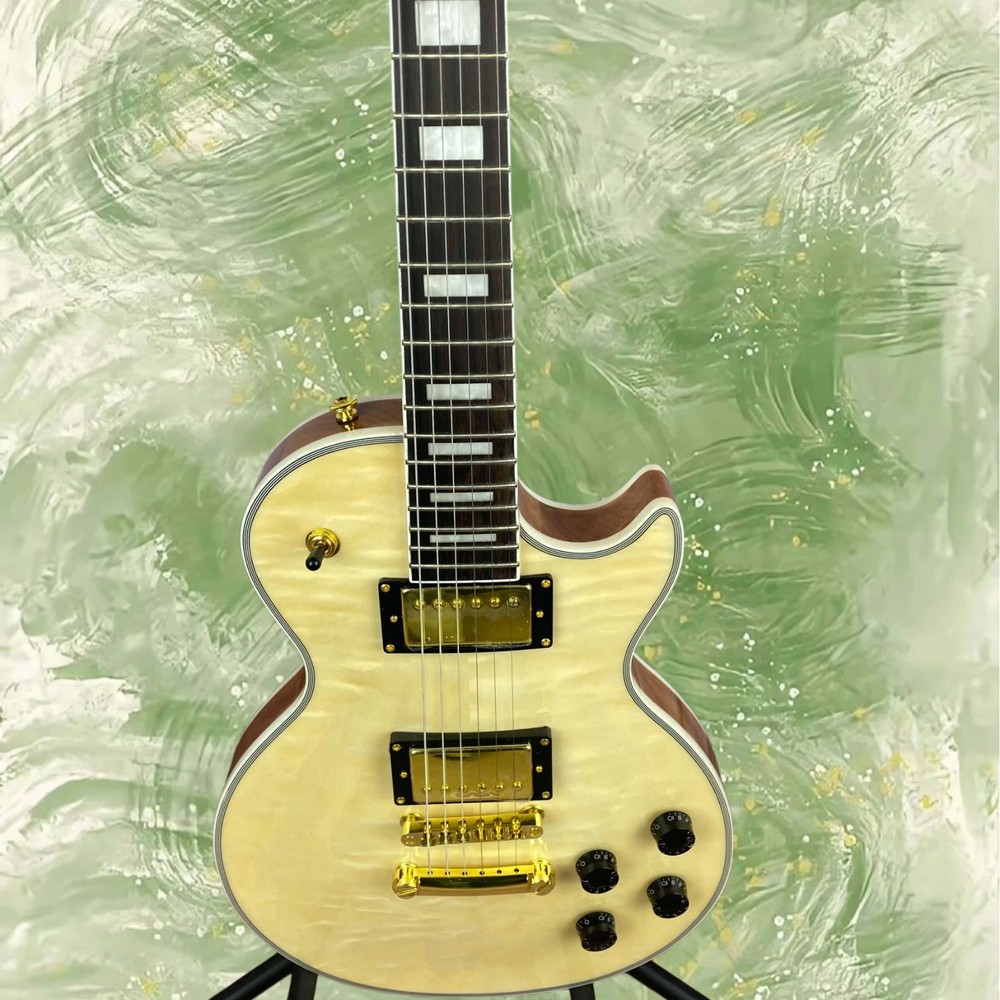Electric Guitar Natural Wood Finish Rectangular Inlay Fixed Bridge 6-String
