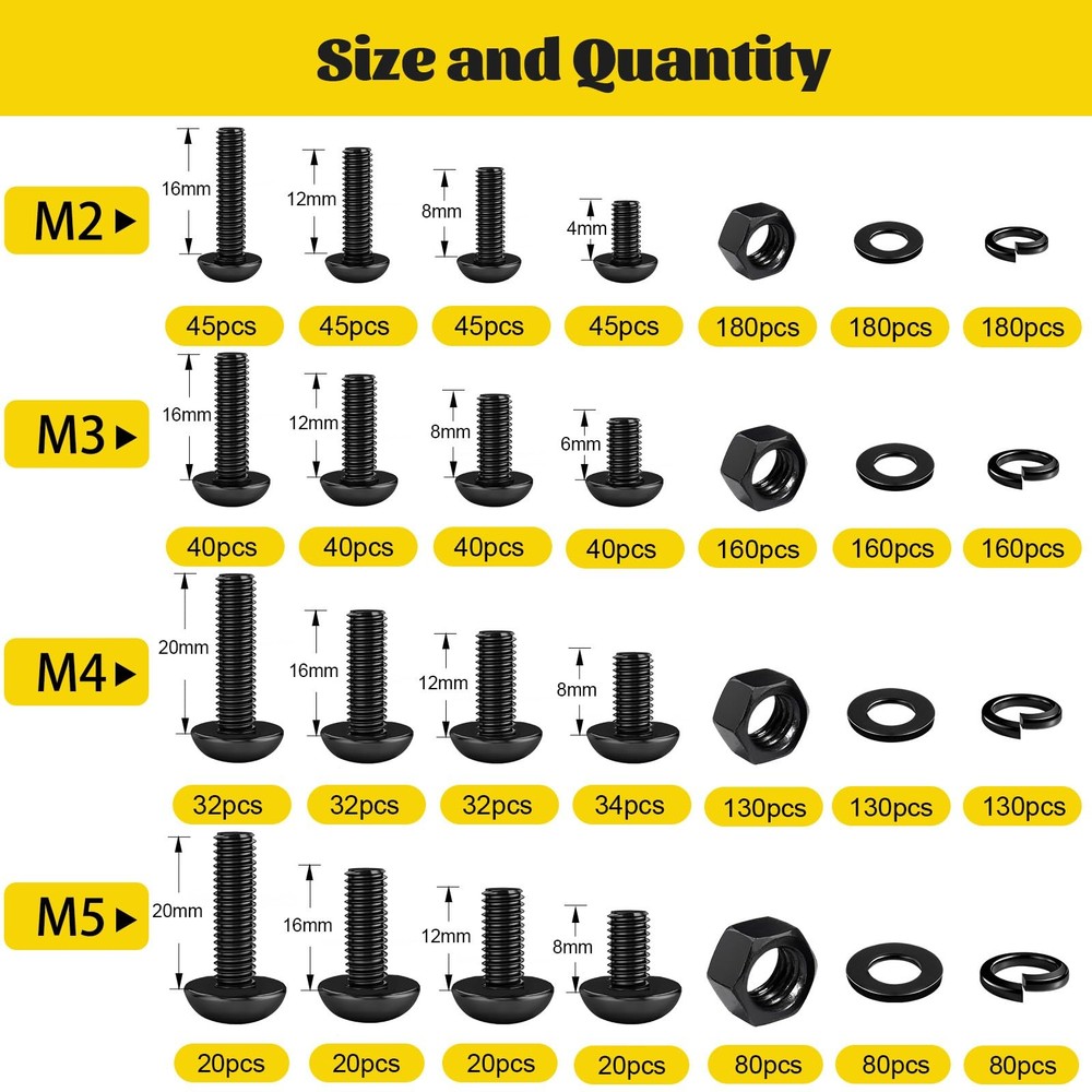 Fgruh 2200PCS M2 M3 M4 M5 M5, Black-Hex Socket Button Head