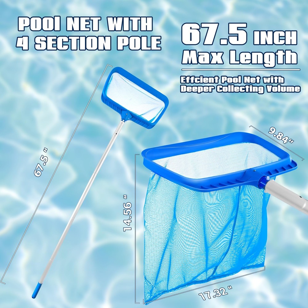 Pool Skimmer - Pool Net with Pole, 4 Section, 26.4"-66.5" Thick Adjustable Te...