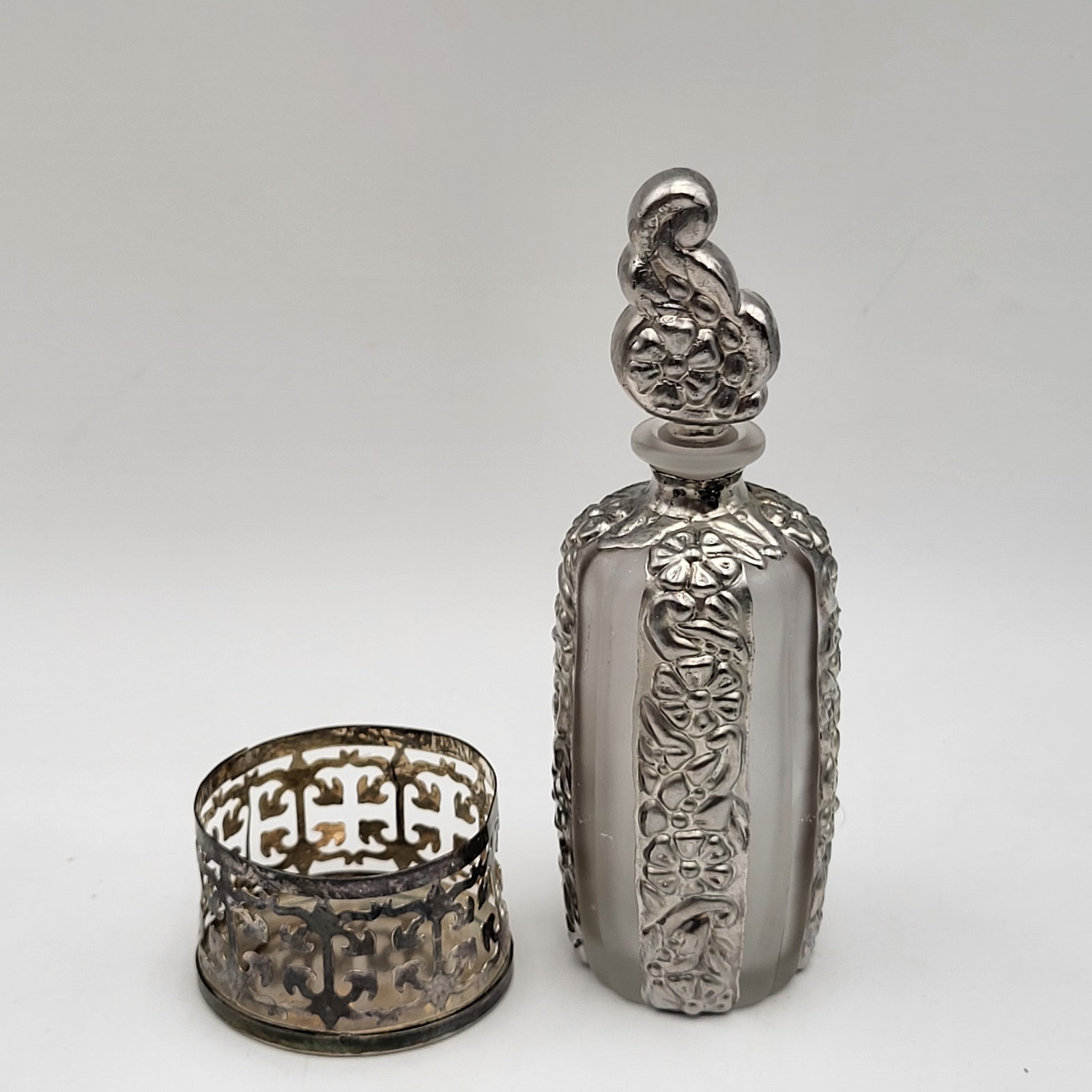 Vintage Glass & Silver Pewter Empty bottle Perfume or Oil