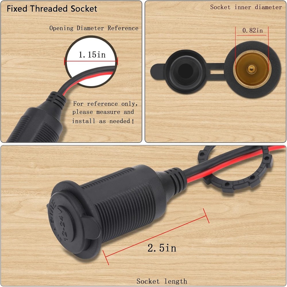 4FT 12V/24V Fixed Thread Cigarette Lighter Socket Extension Cable with Perforate