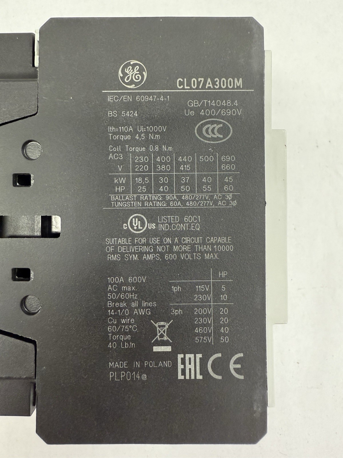 GE CONTACTOR, CL07A311MJ 100A, 40HP AT 480V, 110-120VAC COIL, 50/60HZ