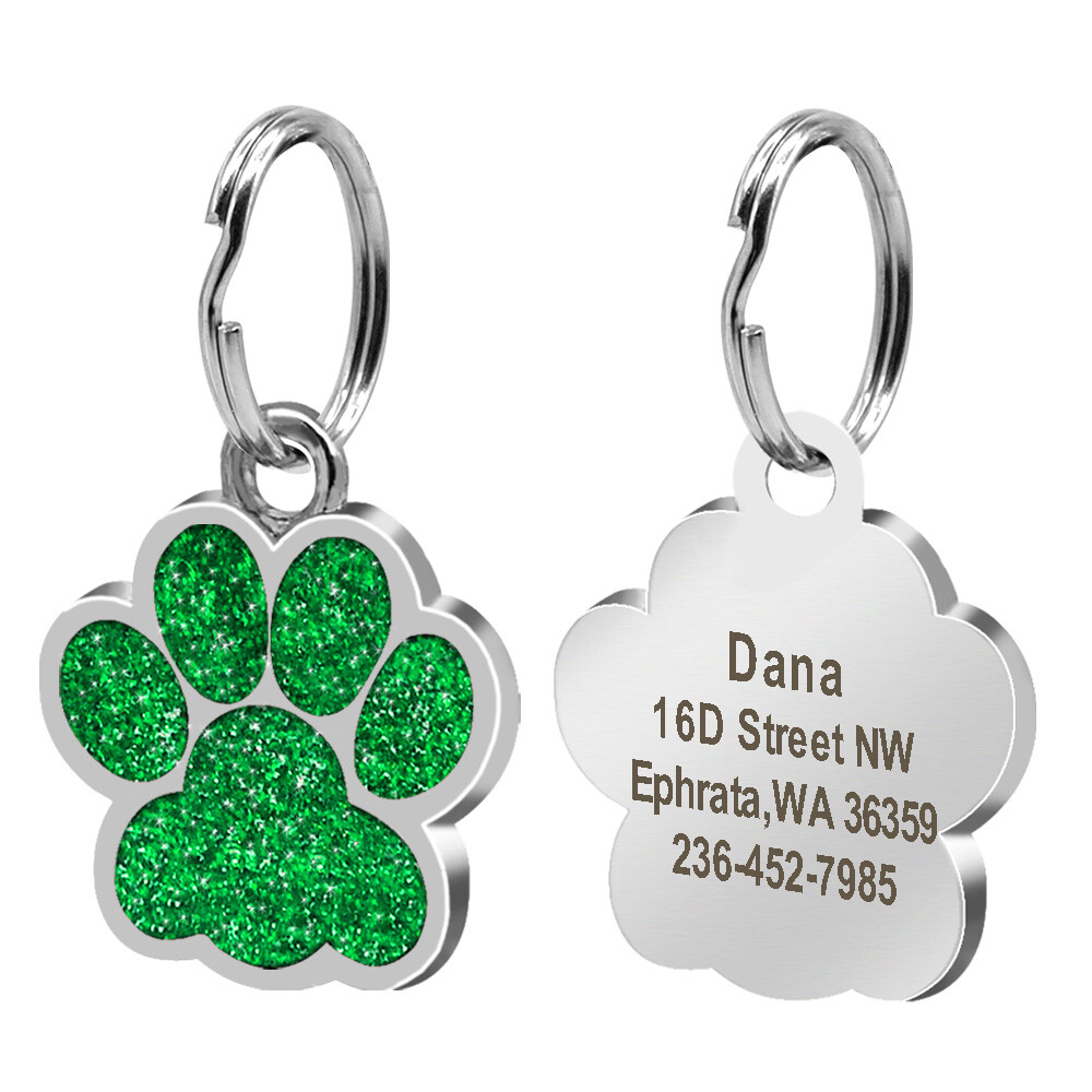Glitter Paw Shape Personalized Dog Tags Custom Pet ID Name Engraved Collar Disc